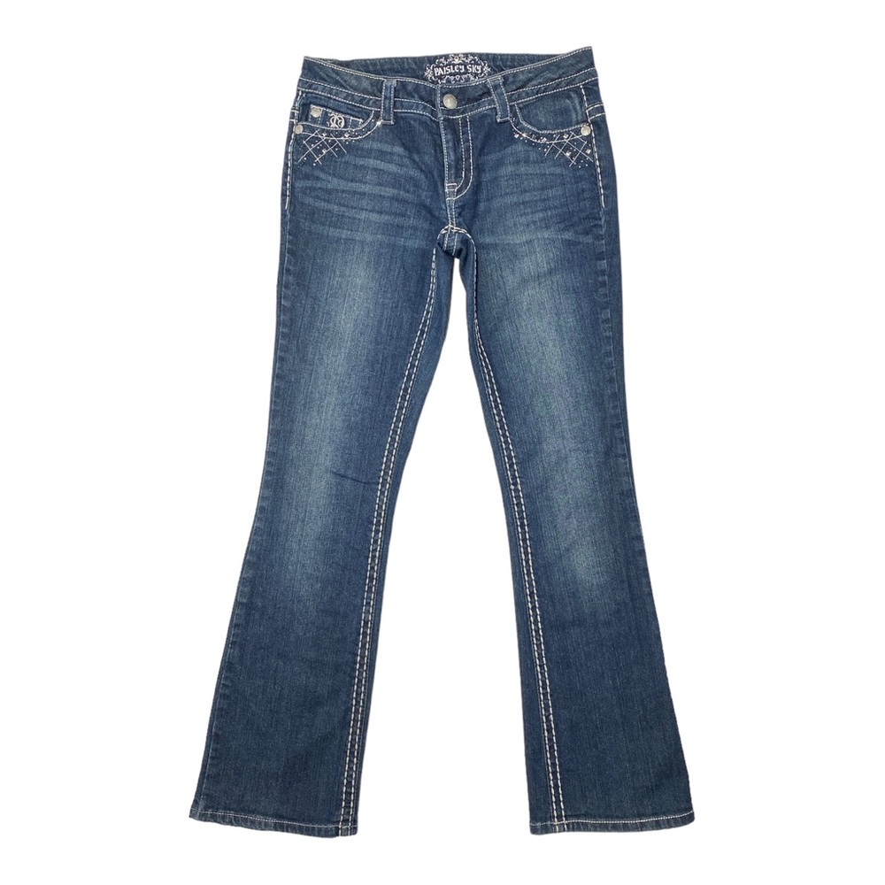 Paisley Sky Flare Jeans Denim Thick Stitch Embellished Back Pockets Women Size 6